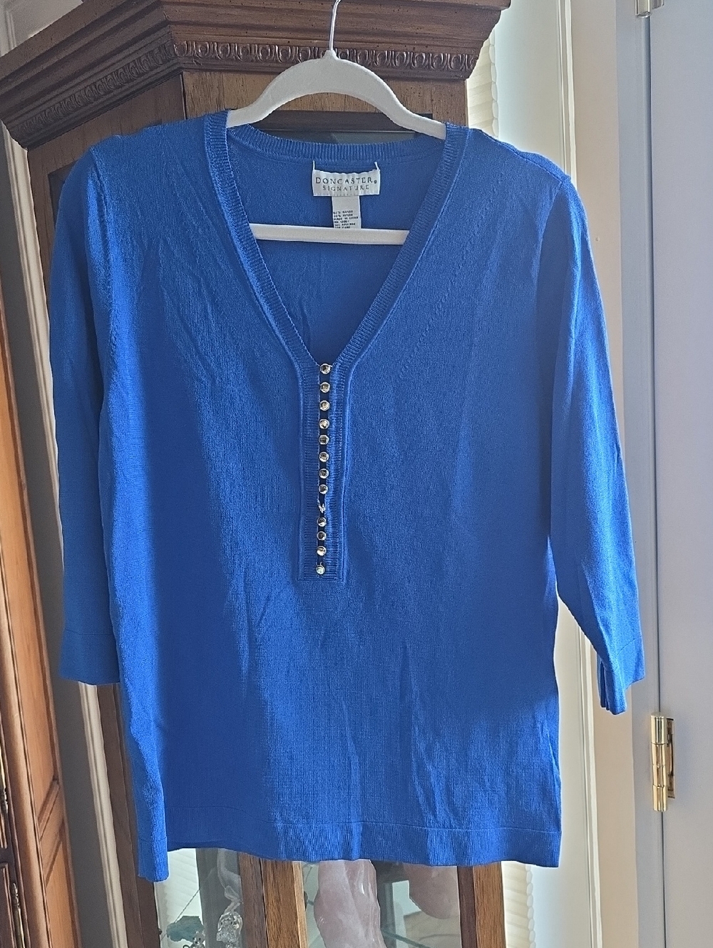 Doncaster Signature Royal Blue V-Neck Knit Top with Button Placket